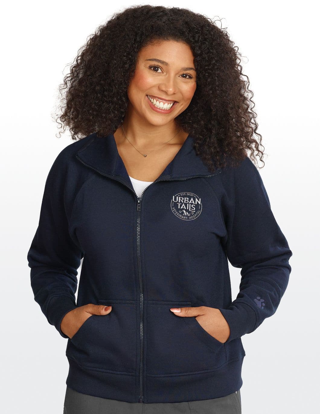 Enza-Cadet-Collar-Full-Zip-Jacket-with-Embroidered-Paw-Navy