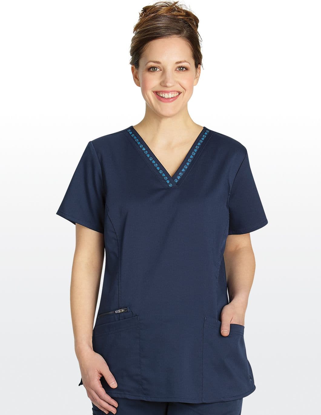 hearts-and-paws-womens-paw-ribbon-trim-scrub-top-navy